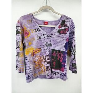 Glima Womens Purple Acid Wash Saint Louis Blues Graphic V-Neck 3/4 Sleeve Top